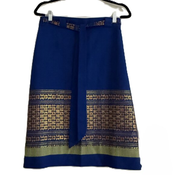 Flowy Adjustable Boho Wrap Skirt Metallic Flowers Blue Copper OS - Picture 1 of 6